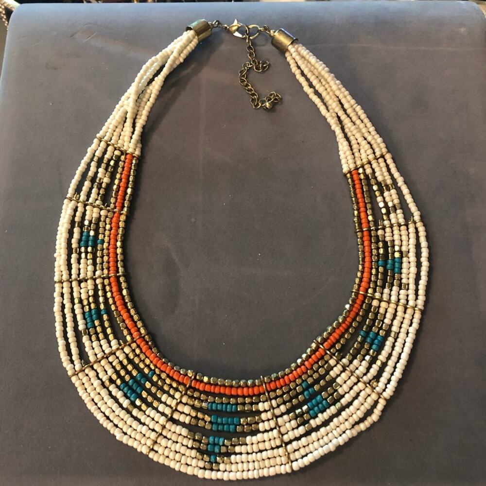 Vintage Seed Beaded Collar Necklace Tribal Design African Bohemian Hippie 90's